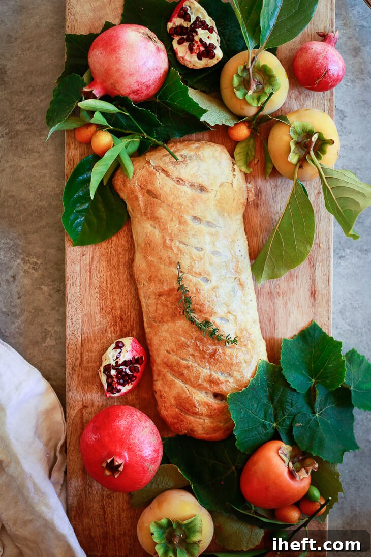 A beautifully crafted puff pastry-wrapped Wellington, elegantly presented on a wooden cutting board and adorned with autumnal decorations.