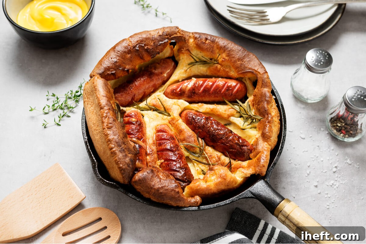 A generously puffed Toad in the Hole, presented in a black skillet, showcasing this traditional British food of sausages baked into a light, airy batter.