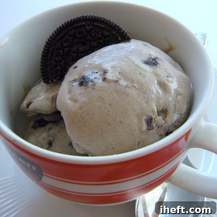 A scoop of homemade Coffee Oreo Ice Cream with visible cookie chunks in a bowl.