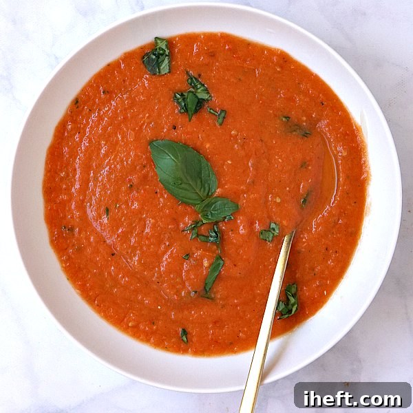 A inviting bowl of fresh tomato basil soup, crafted from roasted fresh tomatoes and bell pepper, garnished with fresh basil leaves.