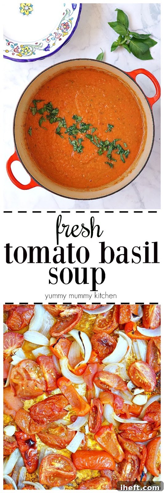 This fresh tomato basil soup is easy to make and utterly delicious! Fresh tomatoes are roasted in the oven, then blended with fresh basil to create a naturally creamy, vegan tomato soup.