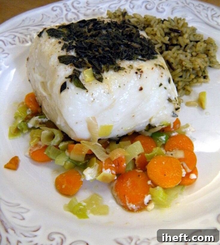 A final image of the cooked Halibut en Papillote, ready to be enjoyed.
