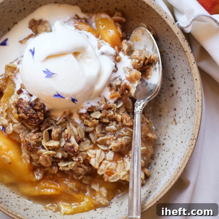 An overhead photo of peach crisp with oat topping and a scoop of ice cream in an earthenware bowl.