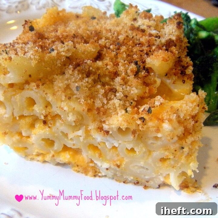 A piece of baked mac and cheese with bread crumb topping.