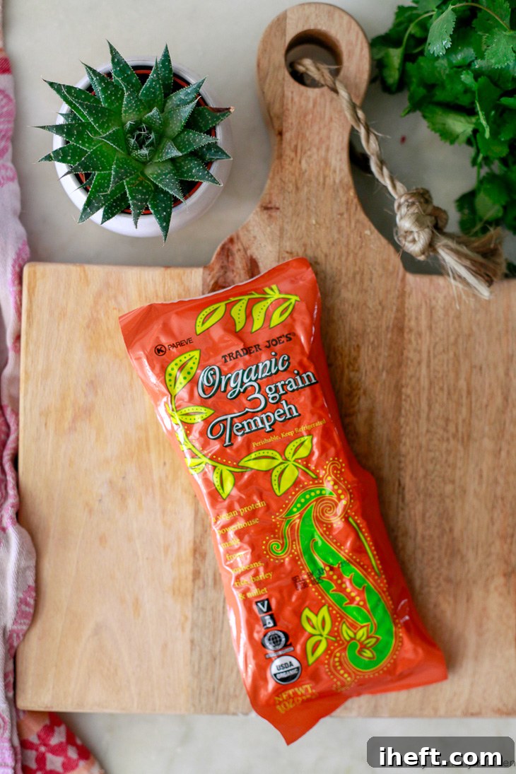 A package of Trader Joe's tempeh, prominently displayed and ready to be transformed into delicious tempeh tacos.