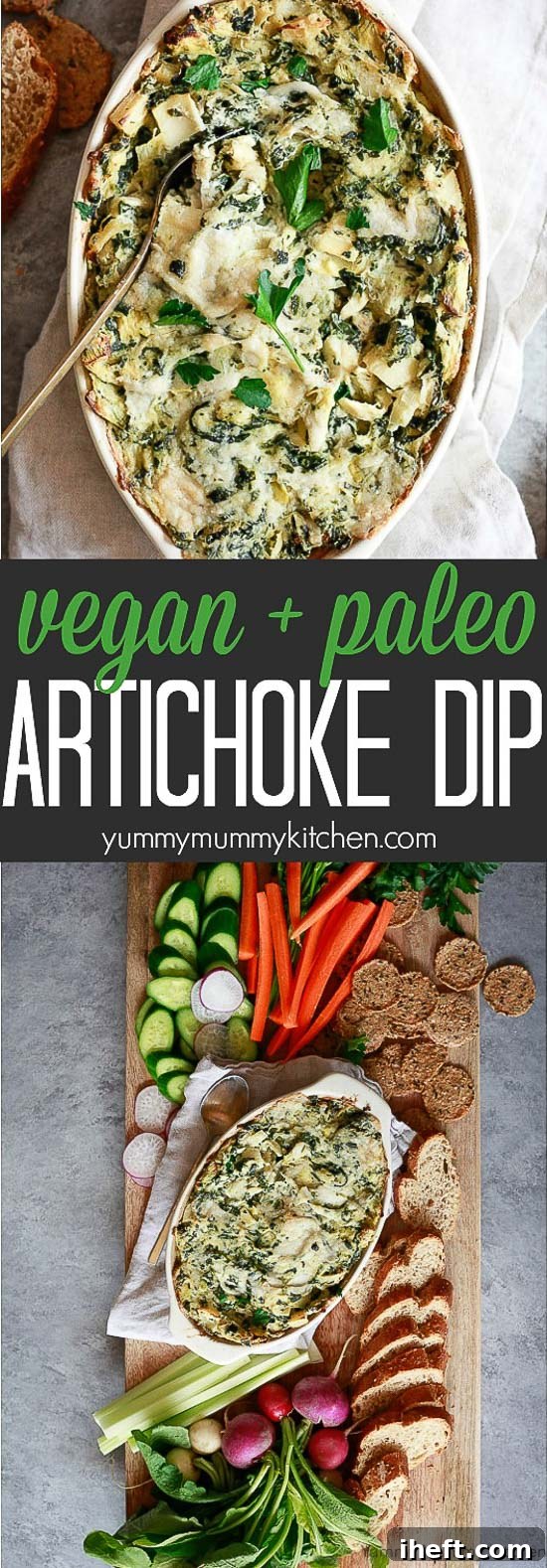 An absolutely delicious vegan paleo baked spinach artichoke dip recipe. This healthy spinach artichoke dip is made with cashews, spinach, artichokes, and hearts of palm. It's an easy vegan and paleo appetizer recipe. 
