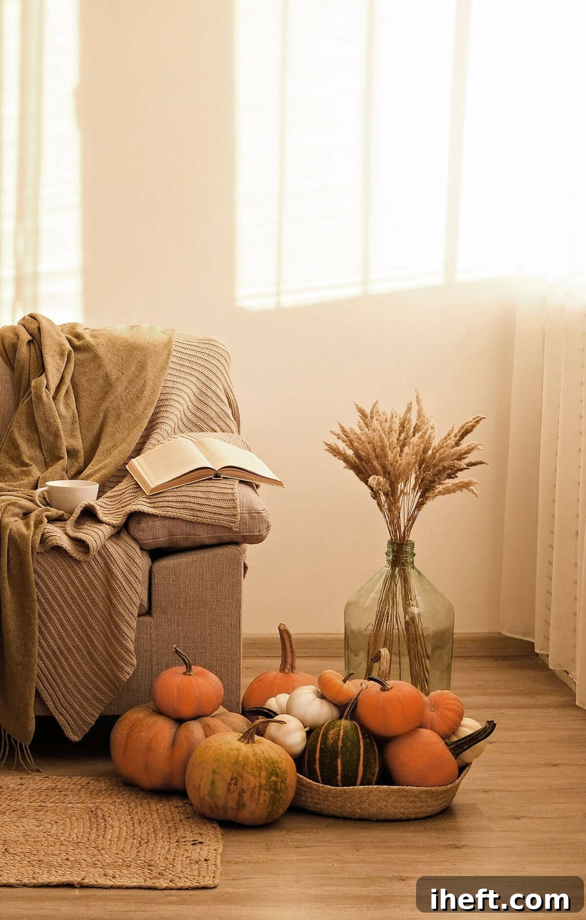 A serene living room space featuring a comfortable brown sofa, cozy brown blankets, a natural woven basket overflowing with pumpkins, and dried wheat elegantly arranged in a glass vase on the floor, creating a warm, organic Thanksgiving color scheme.