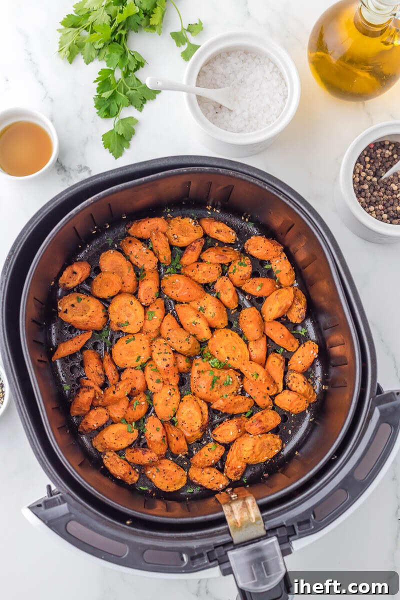 Seasoned carrot slices spread in a single layer in the basket of a black air fryer, ready for cooking.
