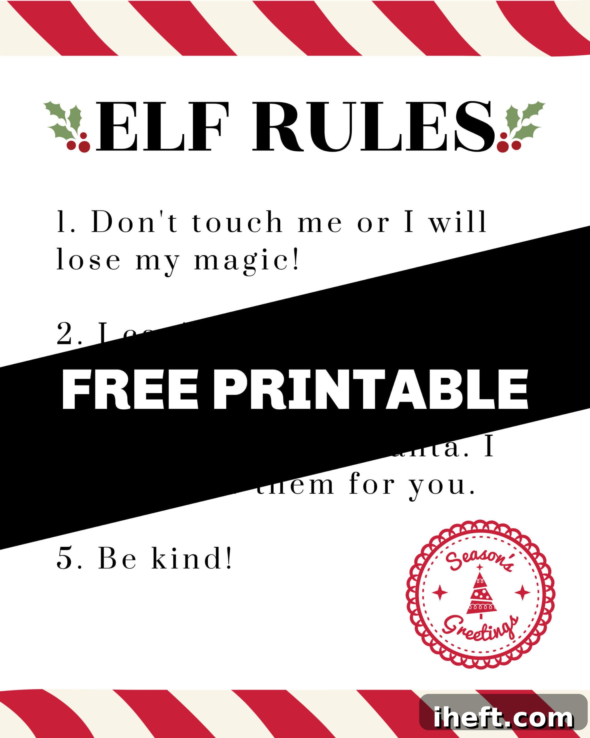 A list of Elf on the Shelf rules written in black with a "free printable" banner over the center. 