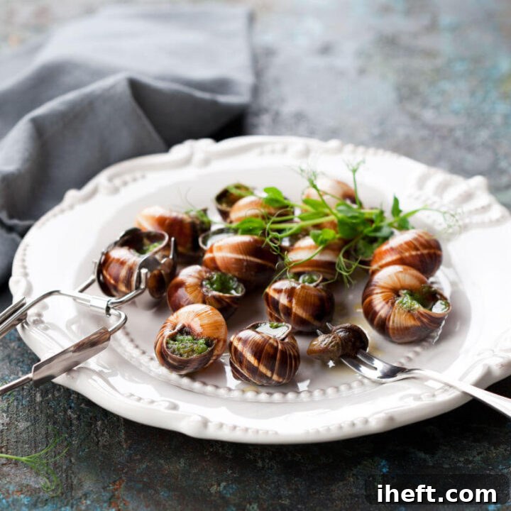 A white plate of escargots snails in shells with butter and parsley sauce.