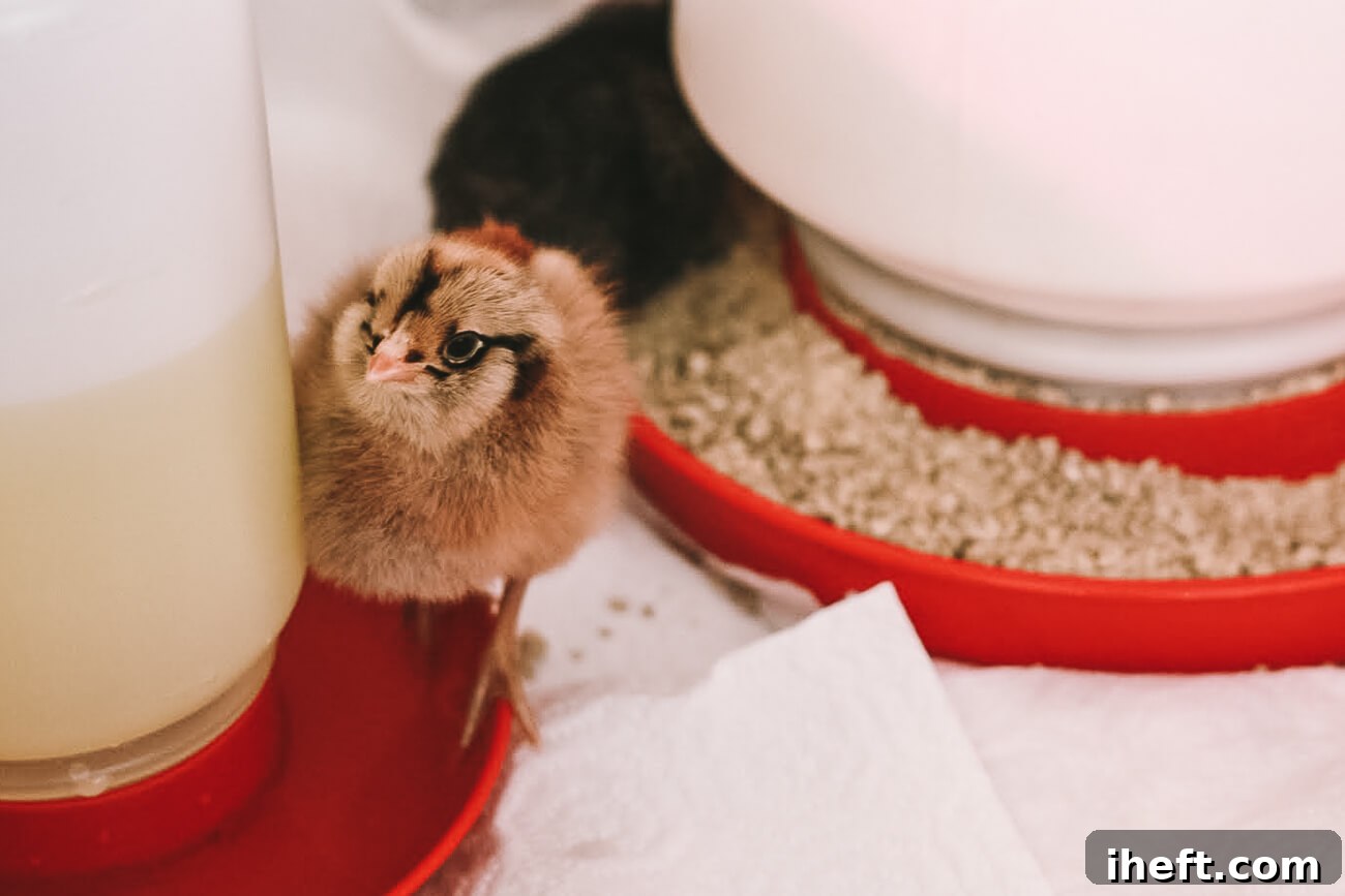 A charming day-old Easter Egger chick stands inquisitively near a water feeder.