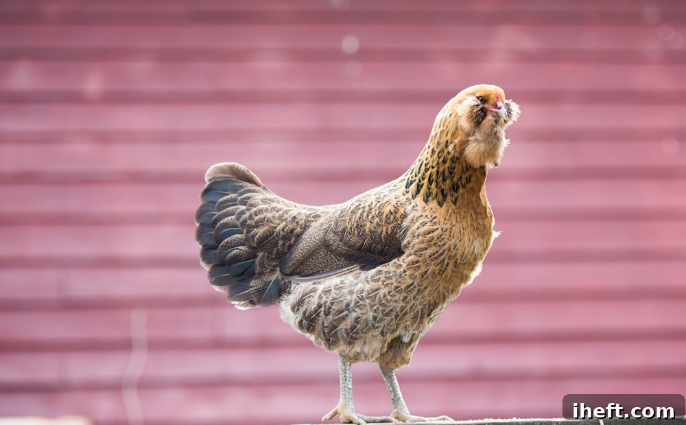 A brown Ameraucana chicken stands on a fence, showcasing its fluffy cheeks and beard.