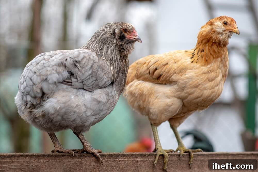 A blue and a brown Araucana chicken stand on a fence, showing their unique ear tufts.