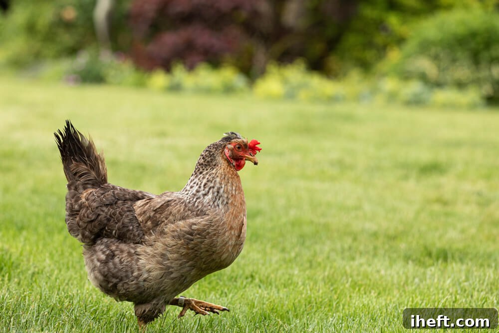 A brown Legbar hen walks gracefully on a grassy field, displaying its crest.