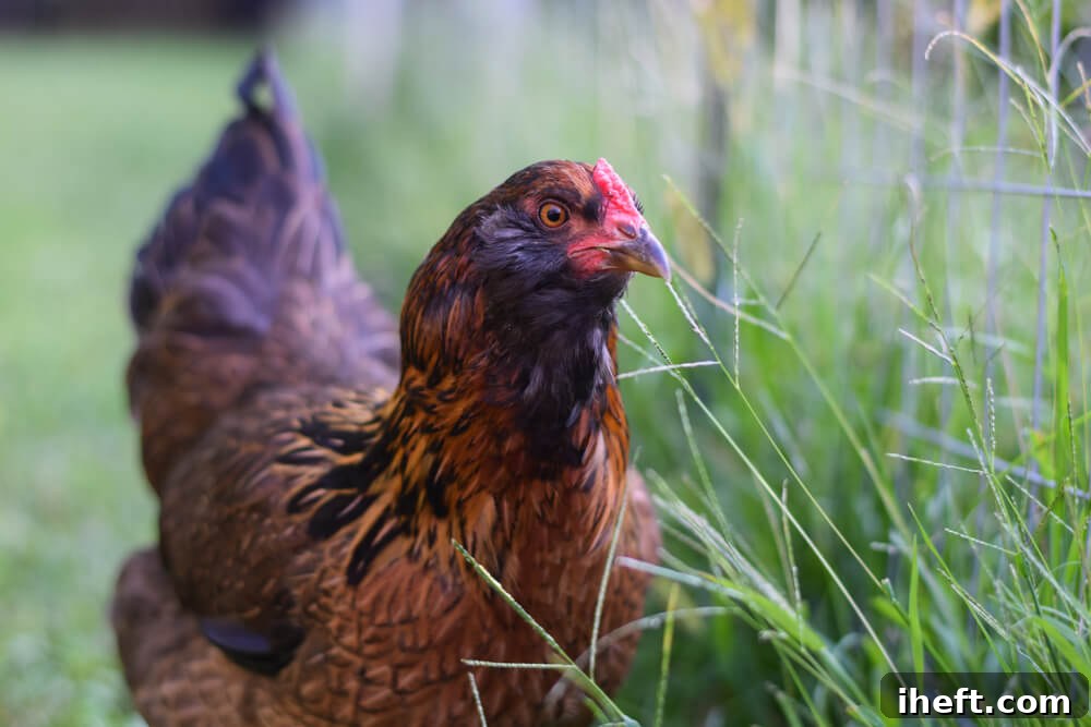A group of colorful Easter Egger chickens foraging in a lush green field.
