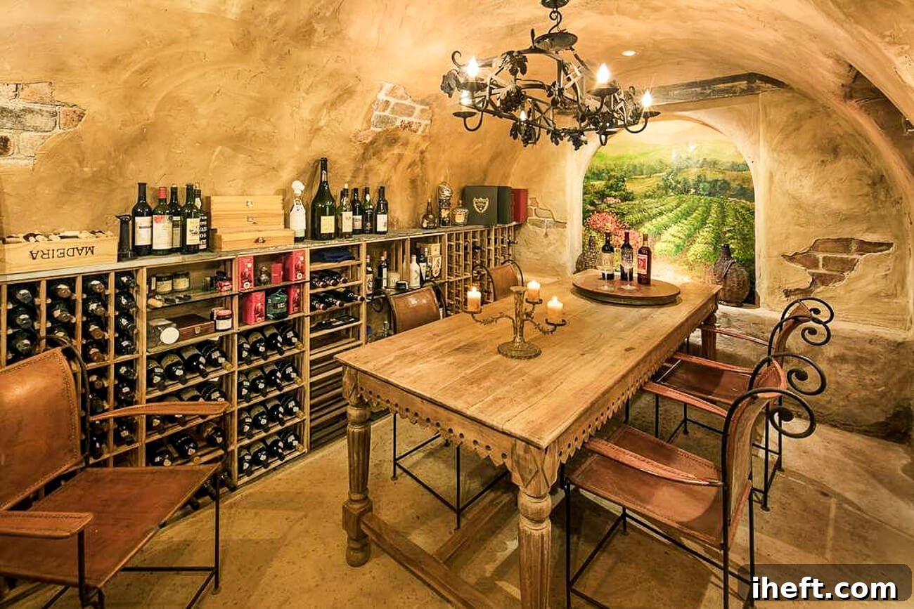 A Tuscan inspired home wine cellar tasting room with dining table and fresco on the wall. 