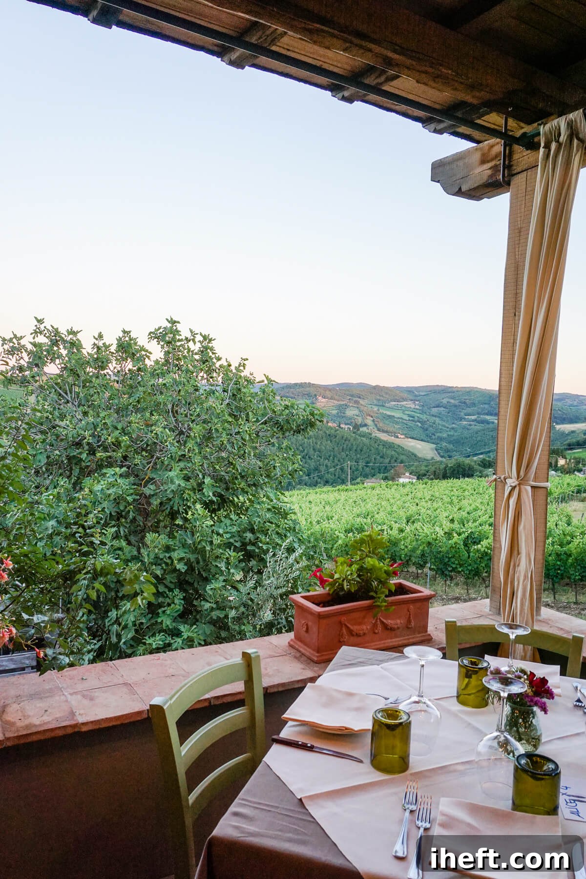 An outdoor table at La Cantinetta di Rignana in Tuscany, Italy. An example what we call al fresco in English. 