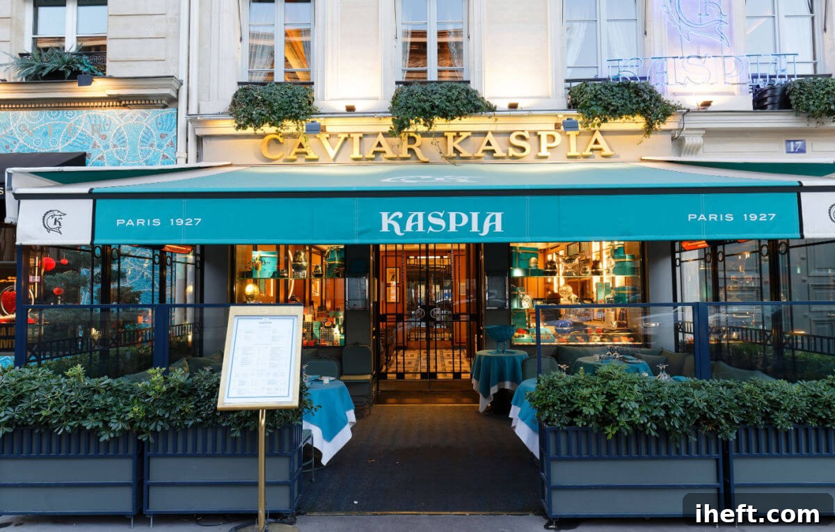The front of Caviar Kaspia restaurant in Paris France. 
