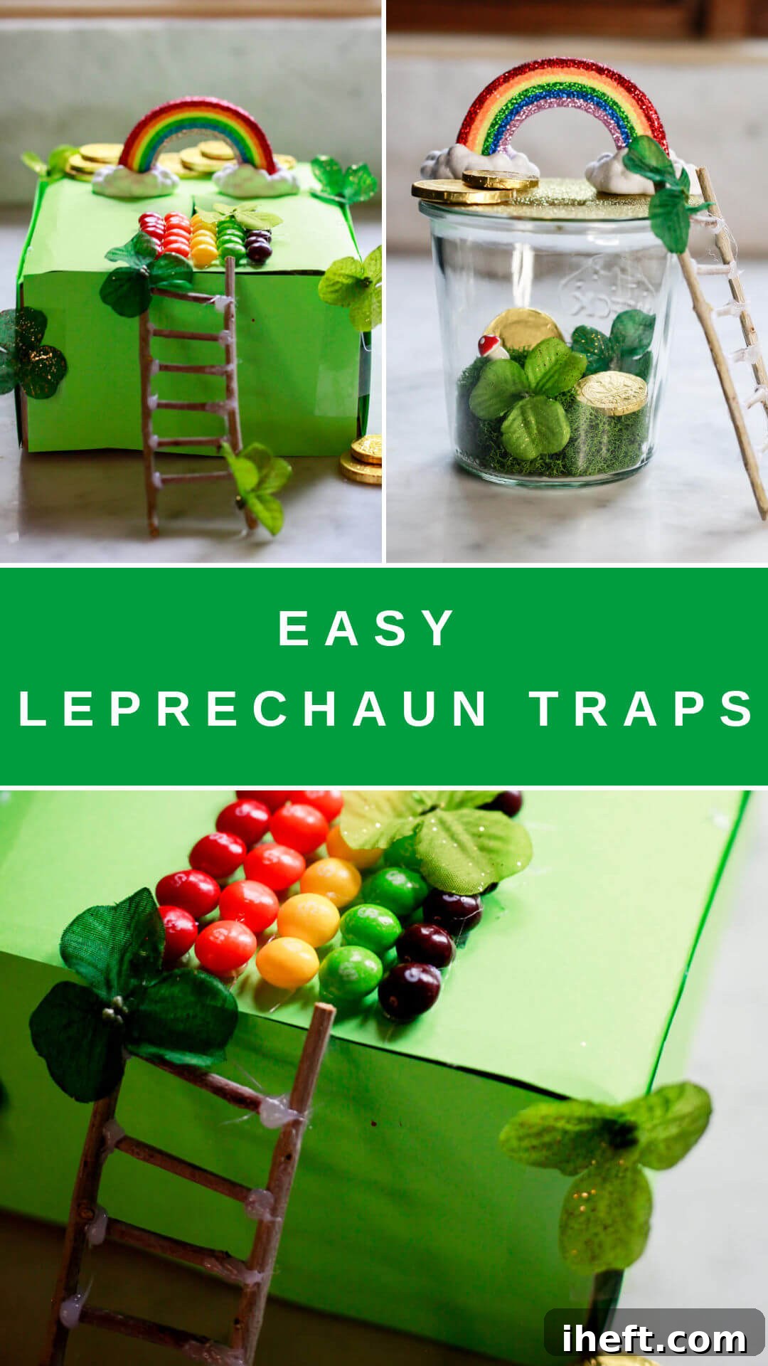 Cute and easy leprechaun trap ideas. A collage of three leprechaun traps (shoe box and mason jar) with text overlay that reads "easy leprechaun traps"