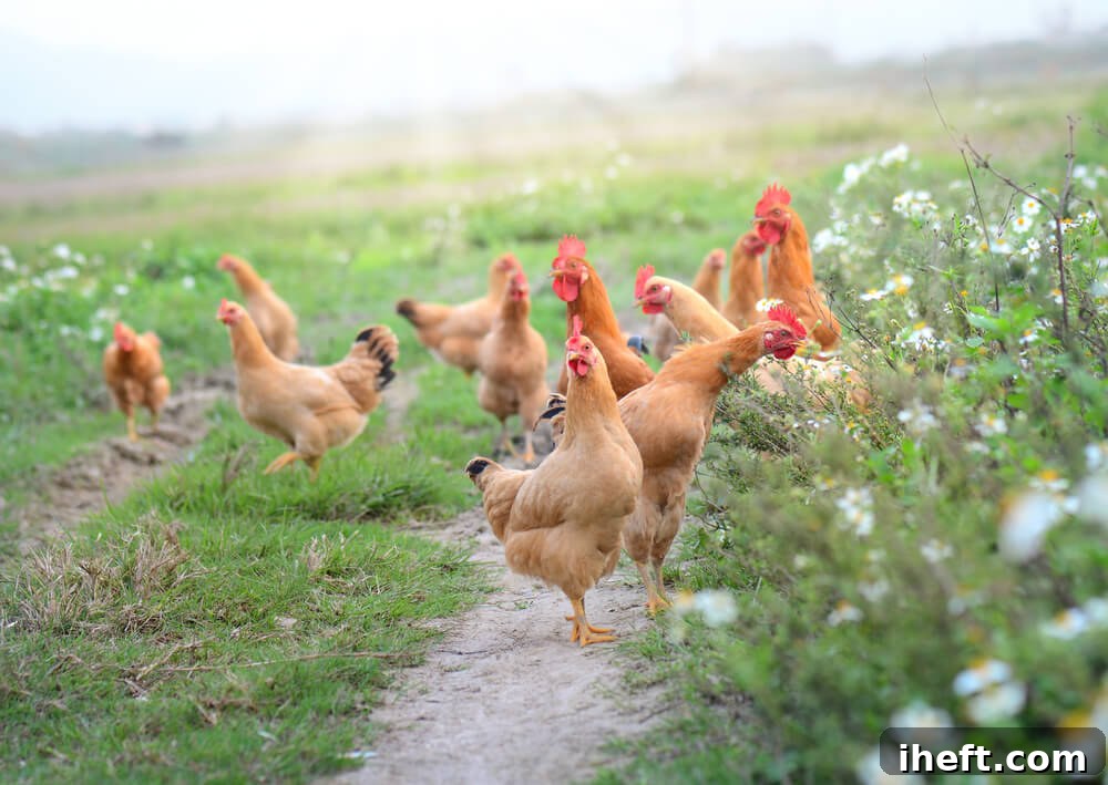 Tan colored chickens forage in a pasture. 