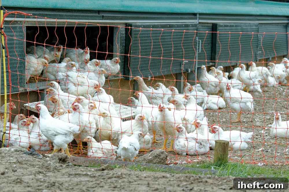 White boiler chickens move from inside a coop to outdoors. 
