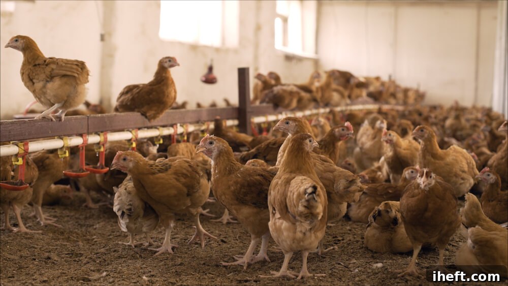 Many brown chickens in a cage free barn. A good example of cage free egg production. 