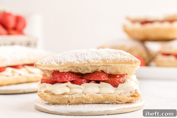Mille-Feuille, Strawberry Napoleon dessert with flaky puff pastry and cream.