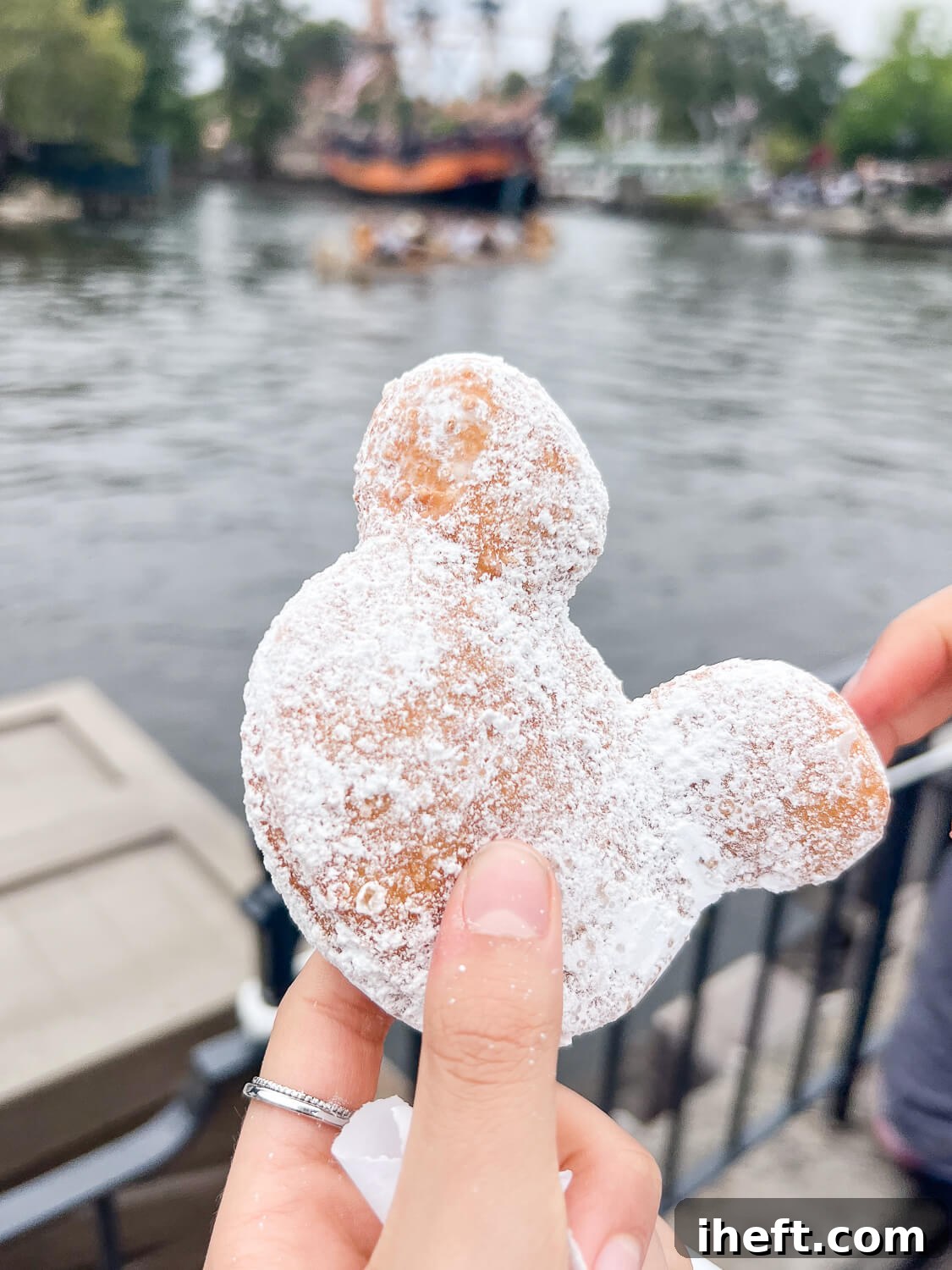 A Mickey beignet coated in powdered sugar at Disneyland, CA 