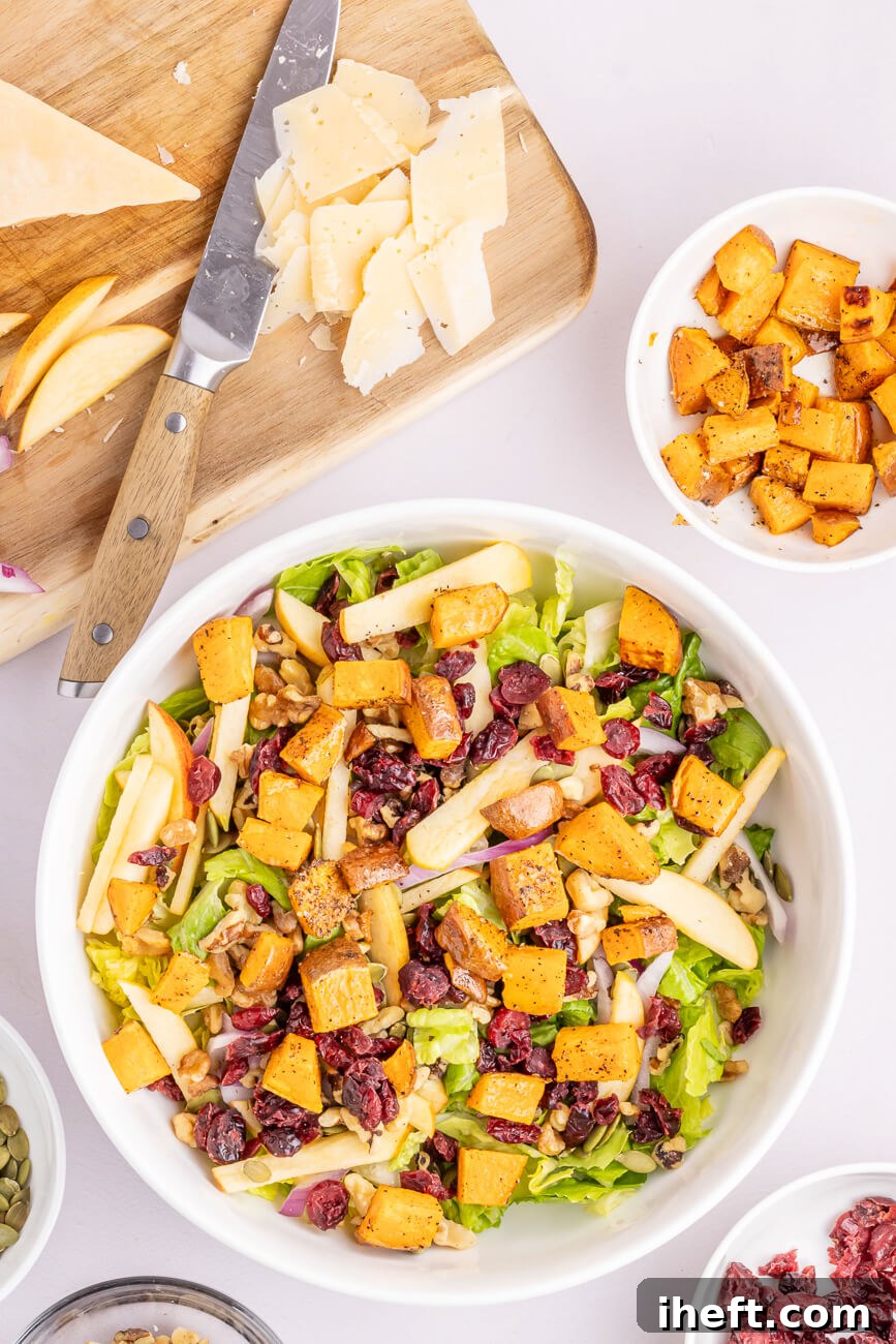 A salad bowl filled with a fall salad that includes roasted sweet potatoes, apples, cranberries and more.