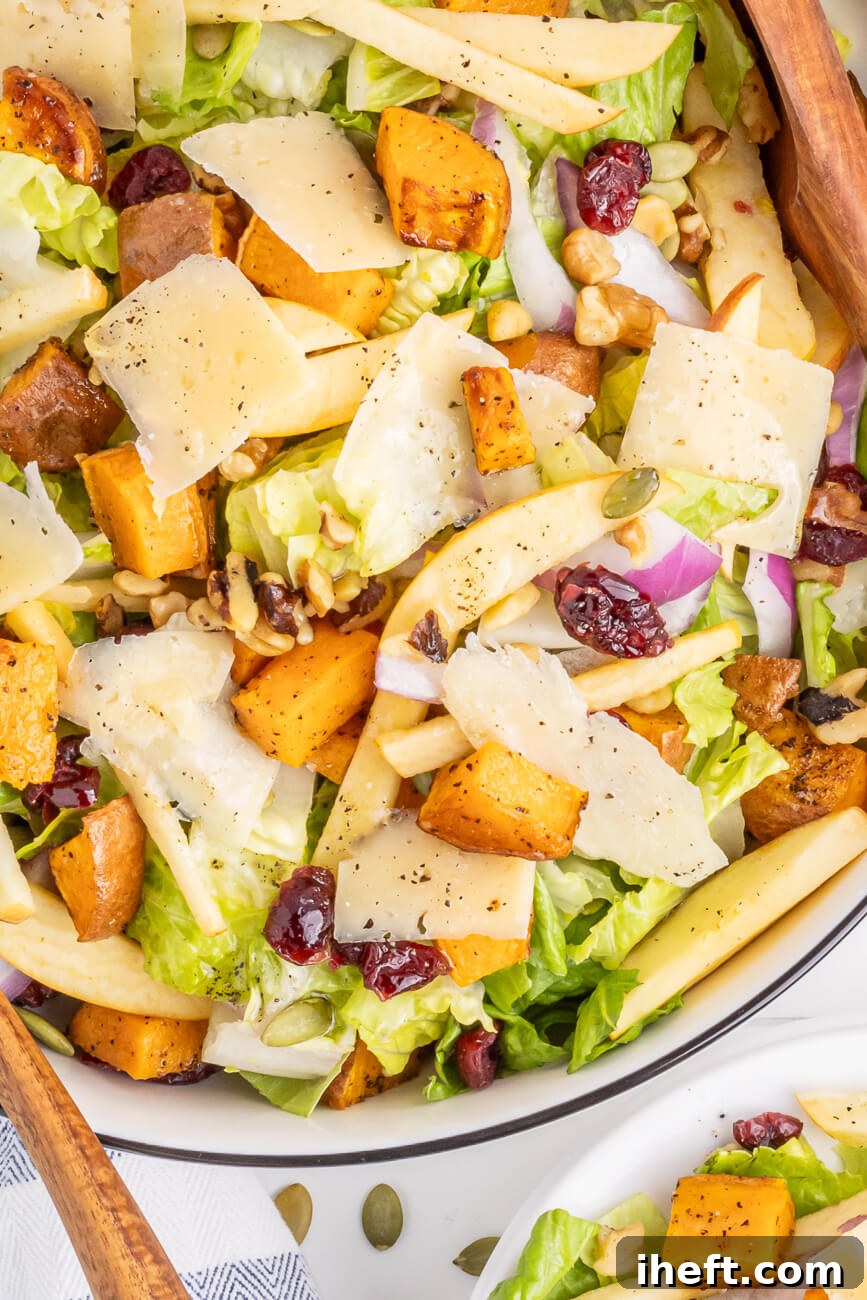 A close-up of a fall Thanksgiving salad with apples, sweet potatoes, shaved parmesan, cranberries, and greens. 