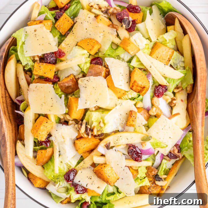 Fall salad with roasted sweet potatoes, apple, lettuce, cranberries, and Parmsan. A lovely Thanksgiving salad recipe.