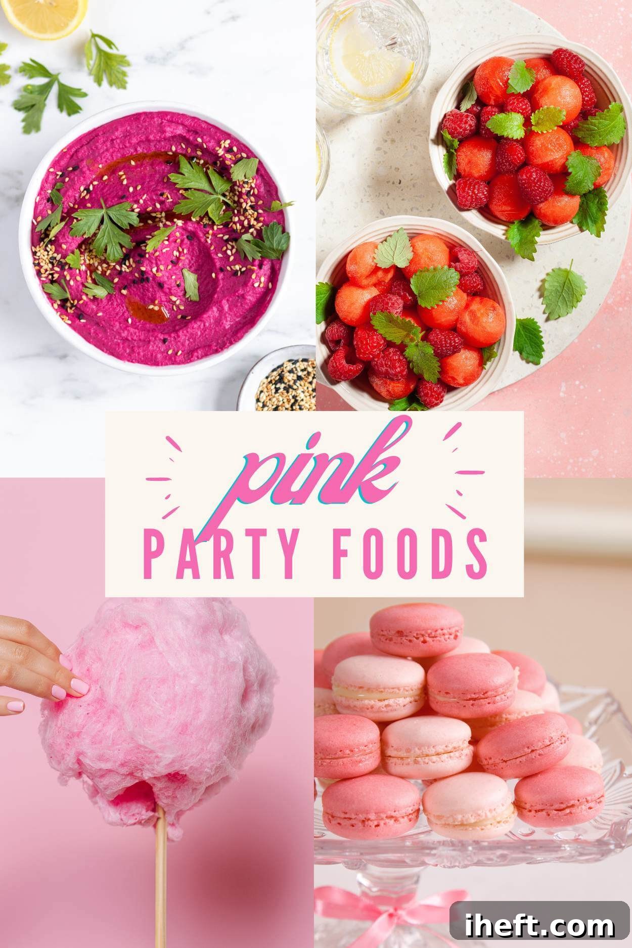 A vibrant collage showcasing four distinct pink food items: creamy beet hummus, fresh raspberries paired with juicy watermelon slices, delicate pink macarons, and fluffy cotton candy. The image is overlaid with bold pink text proclaiming "Pink Party Foods," setting the perfect tone for a festive and colorful celebration.