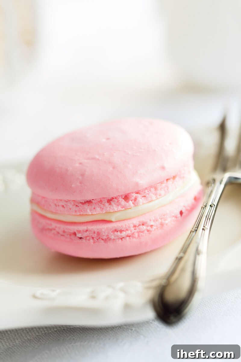 A close-up photograph of a single delicate pink macaron with a creamy white filling, resting on a white plate alongside a small fork. The macaron is perfectly captured, emphasizing its smooth shell and inviting texture, presented as an ideal pink party food idea.