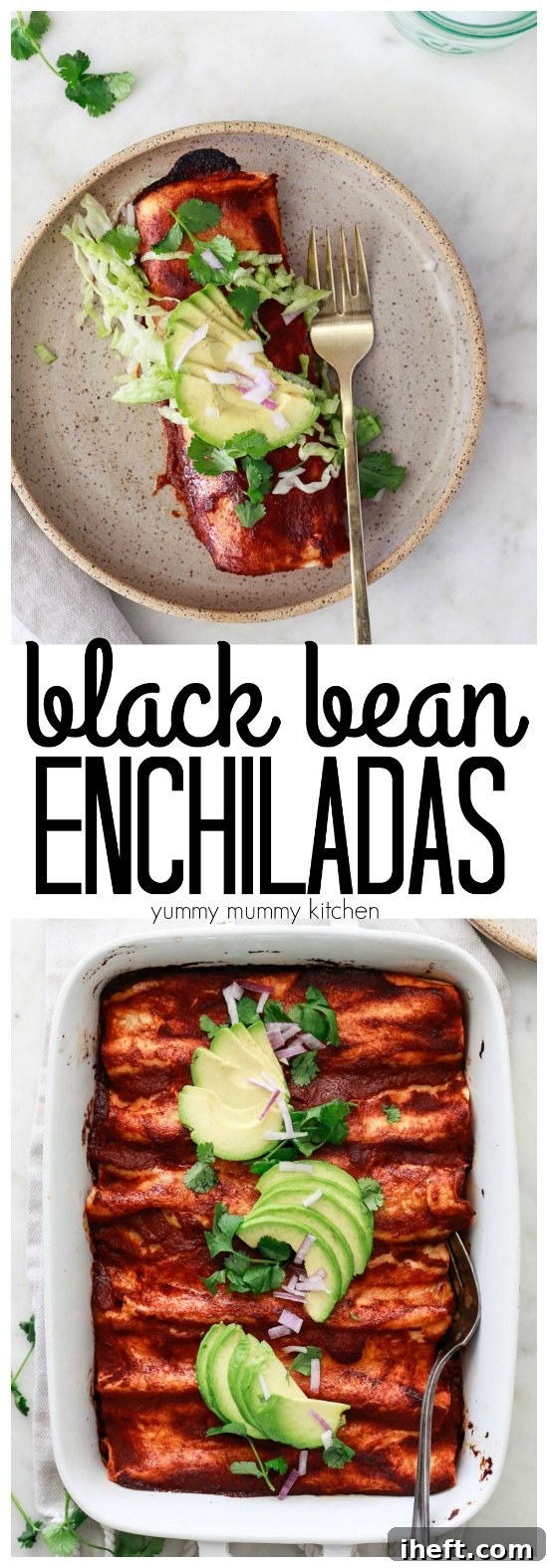 An overhead shot of The BEST vegetarian or vegan enchiladas, generously stuffed with black beans, corn, and peppers, and beautifully topped with creamy avocado slices, ready to be enjoyed.