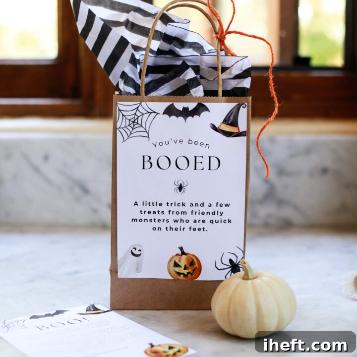 A Halloween You've been booed bag on a marble kitchen counter.