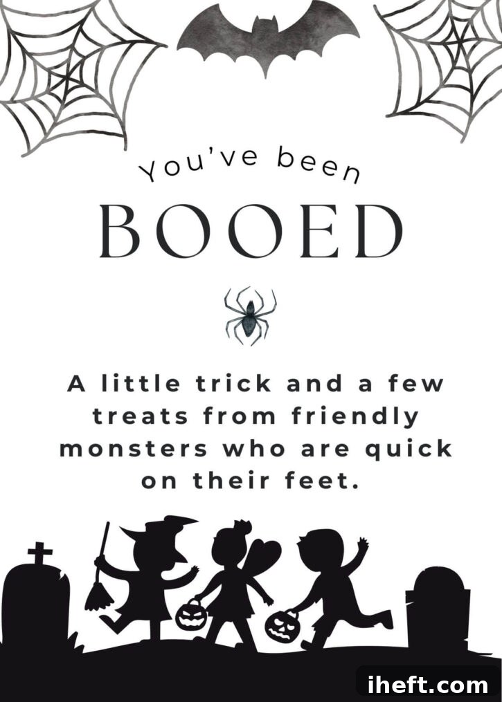 A black and white you've been booed printable. Cute Halloween graphics with trick-or-treaters, spiderwebs, and a bat. Text overlay reads 
