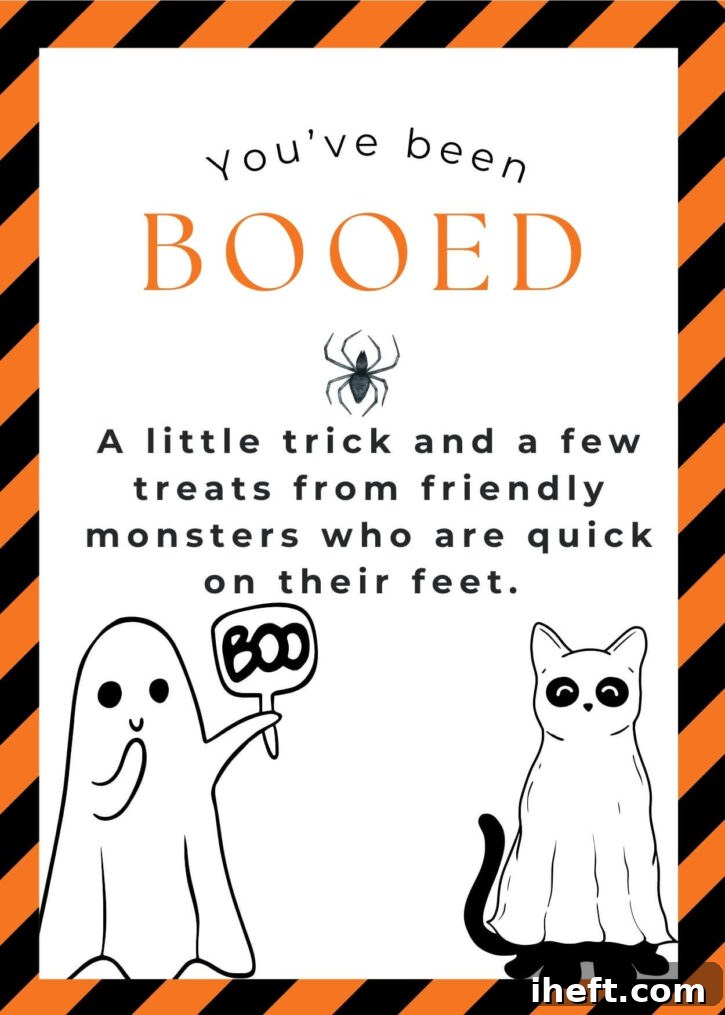 A cute You've Been Booed printable with a ghost and cat in ghost costume. Black and orange stripe border. 
