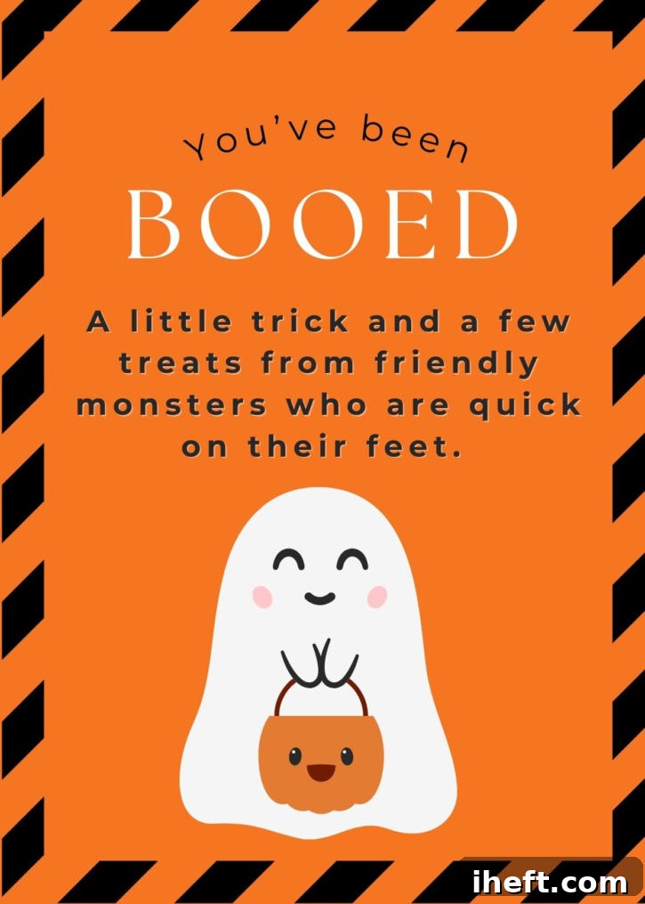 A bright orange you've been booed printable with a cute ghost graphic. 
