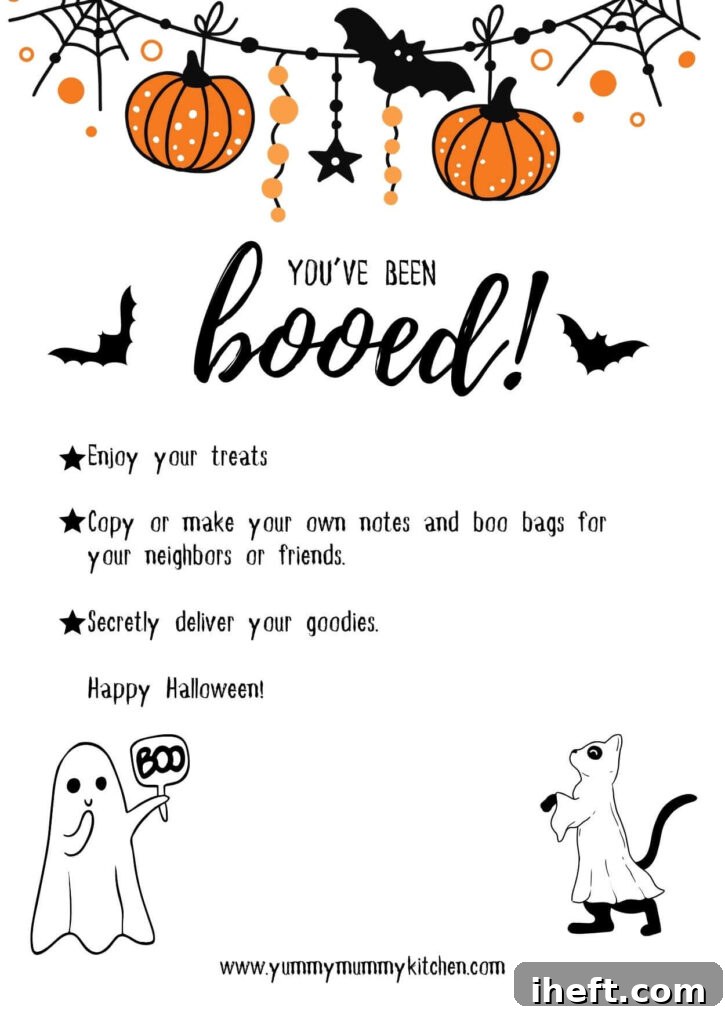 A cute You've been Booed printable that includes instructions and Halloween graphics. 