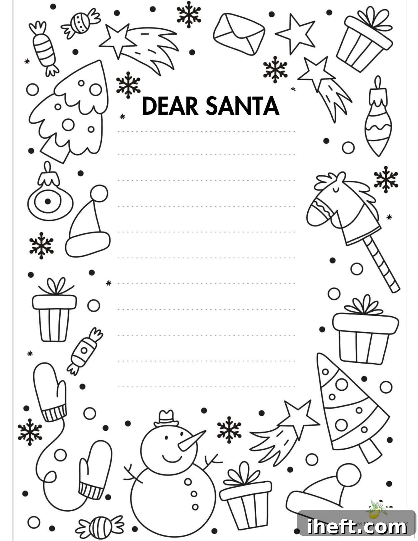 A black and white coloring page with many holiday objects from gifts to a snowman and Christmas trees. The center of the page says "DEAR SANTA" and has lines for writing a letter. 