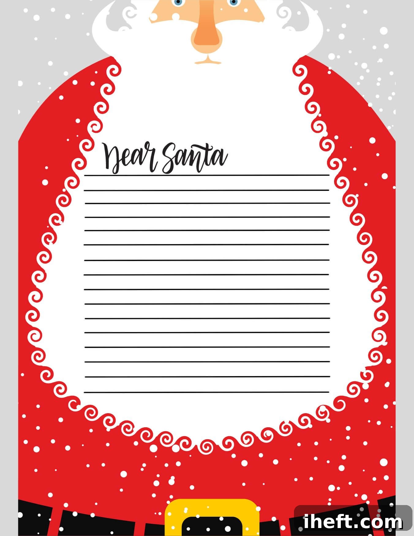 A big bold modern Santa Claus fills this entire template. His huge beard says "Dear Santa" and is filled with writing lines. This is a good dear Santa template for older children. 