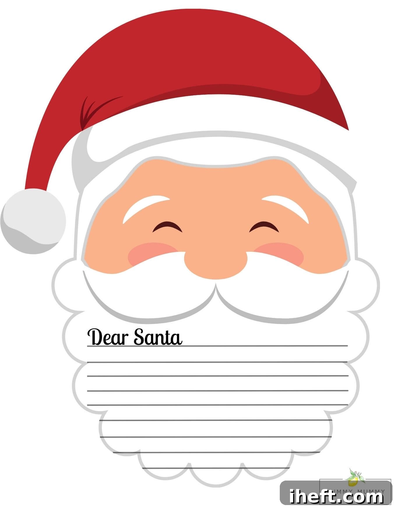 A cute Santa face Dear Santa letter template. This Santa has a red had and rosy cheeks. His beard has lines for writing a letter. 