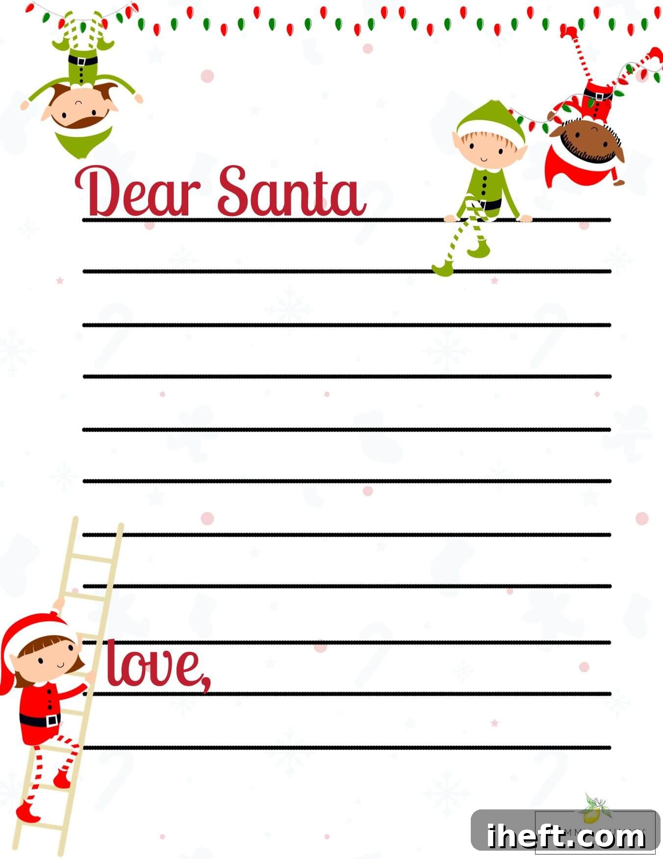 Four cute elves surround lines for writing a letter to Santa. There is a garland of Christmas lights at the top of the page that two of the elves swing from. 