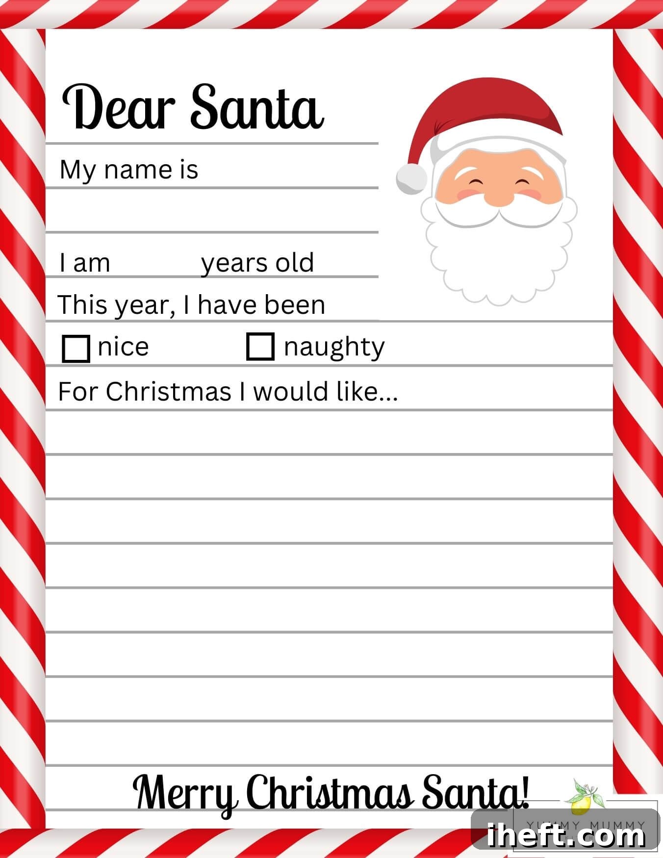 A cute kids Fill-in-the-Blank letter to Santa with spaces for name, age, naughty or nice, and wish list. The letter has a red and white border and picture of santa in the top right corner. 