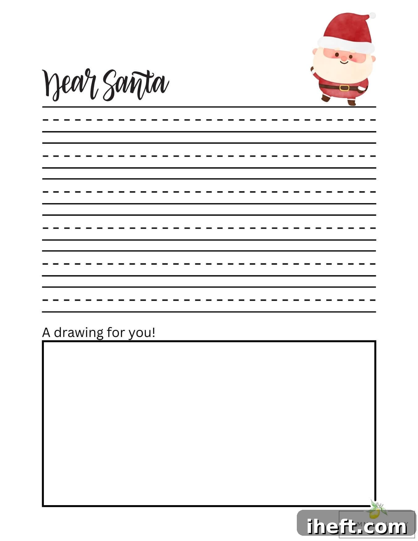 A Dear Santa template for little kids (preschool, kindergarten) with large writing lines and a box for a drawing. A cute Santa picture is in the top right corner. 