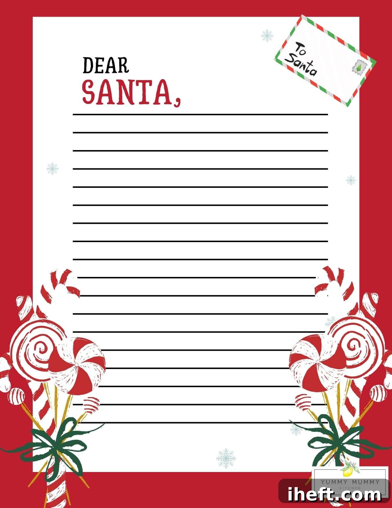 A Dear Santa Letter template with red border and candy cane bundles in the lower corners. A small envelope at the top right corner says "to Santa." The template says "Dear Santa," at top with writing lines in the center. 