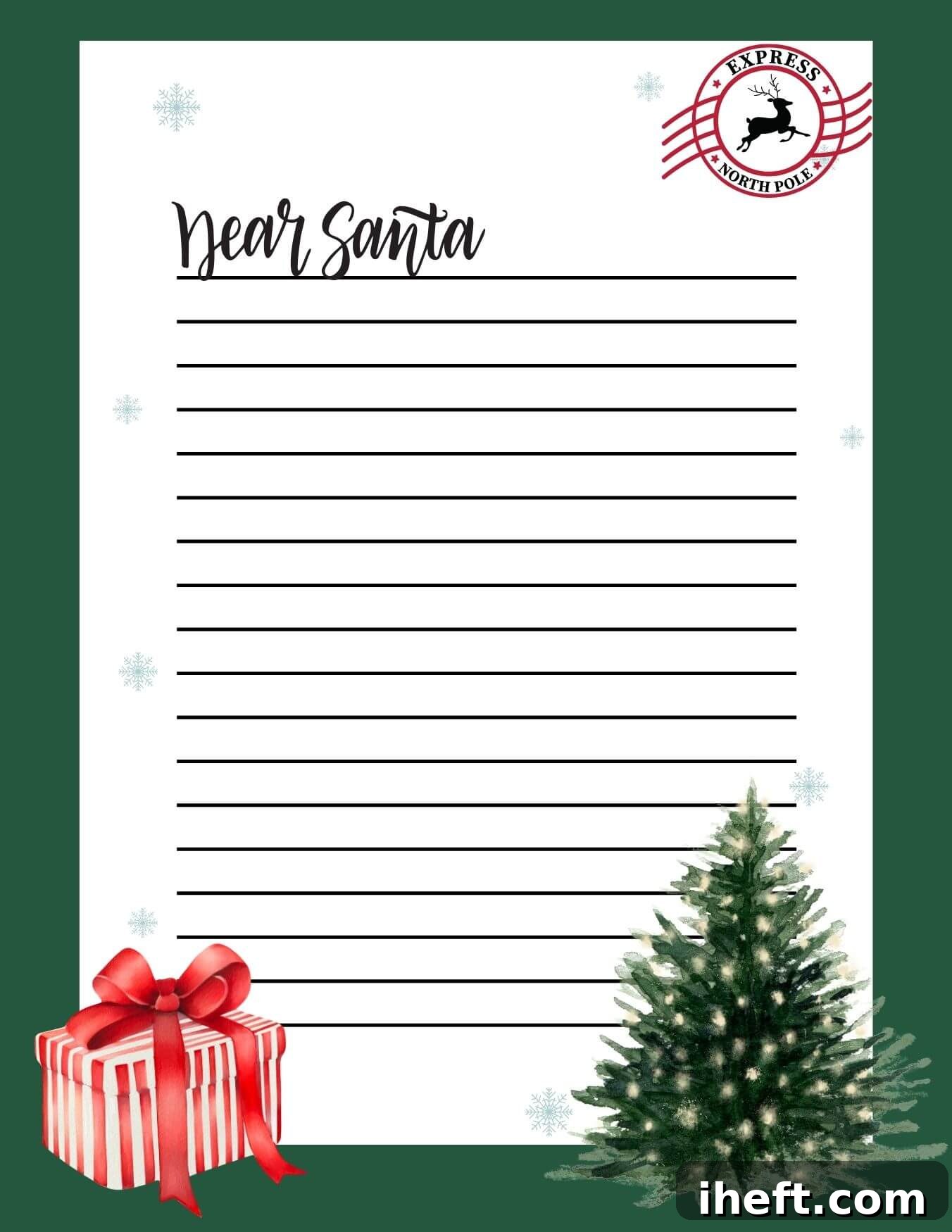 An elegant letter to Santa template with dark green border. Pretty watercolor red gift and natural Christmas tree with white lights are in the bottom corners. A reindeer stamp that says "Express North Pole" is at the top right corner. Dear Santa and writing lines are in the middle of this free printable template. 