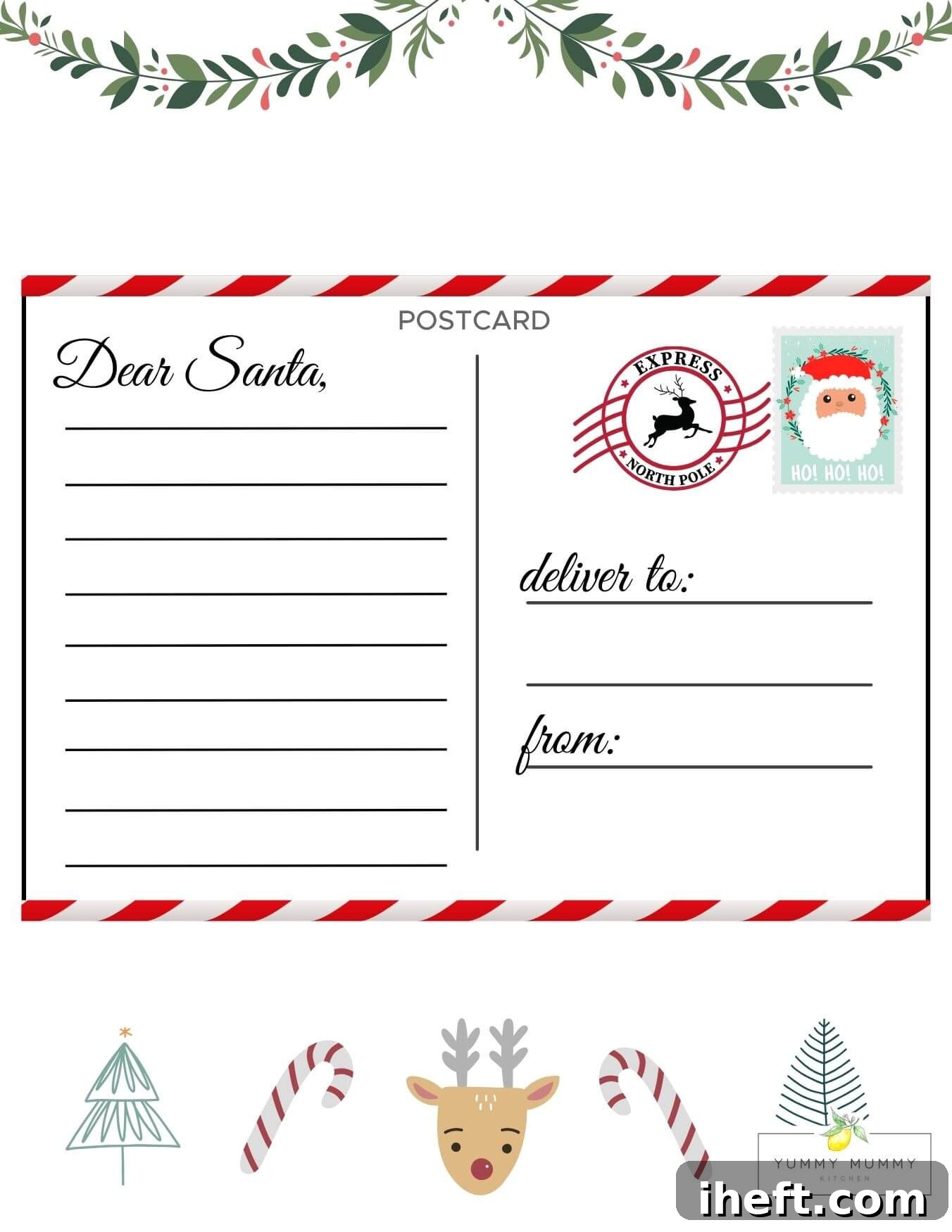 A cute Dear Santa letter template that looks like a postcard. There are fill-in-the-blank spaces that say "deliver to:" "from:" and "Dear Santa." This template includes a cute santa postage of Santa and a reindeer. 