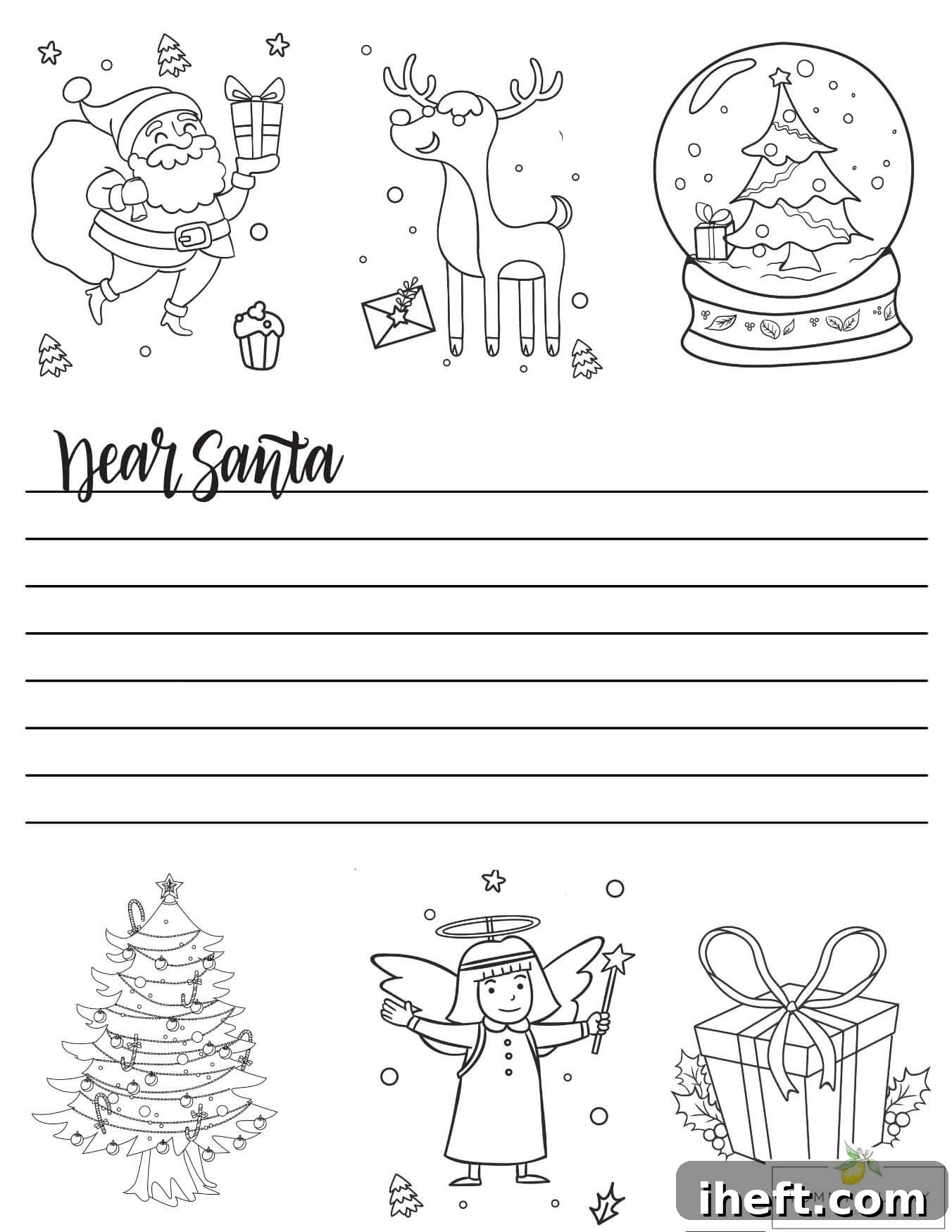 A black and white letter to Santa template featuring six Christmas pictures to color. In the center there are lines to write in and "Dear Santa" above. 