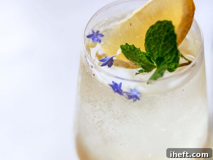 Hugo Spritz cocktail in a wine glass with mint and lime